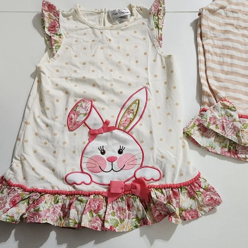 Girls Embroidered Easter Bunny Spring Floral Tank & Ruffled Pants Set Size 6x